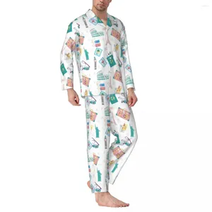 Hemkläder resesemester pajamas mens pass semester resväska trendig nattkläder höst 2 stycken retro överdimensionerad tryckt pyjamasuppsättning