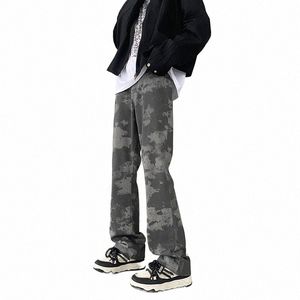 trendiga mäns amerikanska stil retro tie-dye tryckt mikro-la jeans fi smala byxor g6ne#