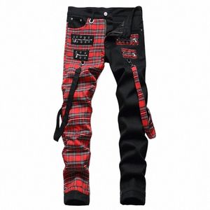 men Punk Jeans Trendy Scotland Plaid Tartan Black Denim Pants Streetwear Rivet Patchwork Spliced Slim Straight Trousers Q2fl#