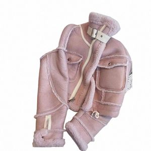 Jaqueta de pele sintética feminina, jaqueta cortada de camurça e couro de cordeiro, lã doce, coreana, motocicleta, gola de lã, roupa externa curta b60A #