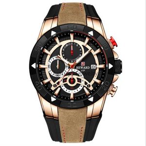 REWARD Sports Date cwp Mens Watch Pulseira de couro de silicone adequada para a pele Cronógrafo luminoso Cronômetro Três Sudials e Seis ponteiros Relógios de pulso masculinos robustos