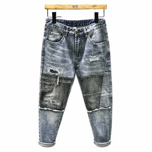 Novo vintage retalhos jeans roupas masculinas fi streetwear rasgado buraco calças hip hop persality desgastado magro denim calças h8ZW #