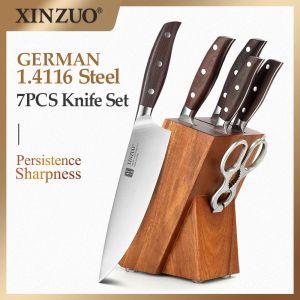 Calligraphy Xinzuo 7st Kökskniv Sätt smidd tysk 1.4116 Rostfritt stål Sharp Chef Santoku Paring Cleaver Kitchen Scissors Tool Set