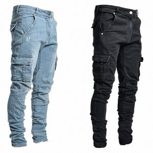 Jeans Uomo Pantaloni Casual Cott Pantaloni in denim Multi Pocket Cargo Jeans Uomo New Fi Denim Pantaloni a matita Tasche laterali Cargo Z06O #