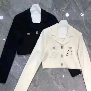 Women's turn down collar single breasted letter print long sleeve knitted blazer style sweaters SML