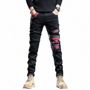 fi Men Jeans Black ripped Patchwork Pants Straight Leg Patches Jean Streetwear Casual Slim Fit Denim Trousers C8tc#