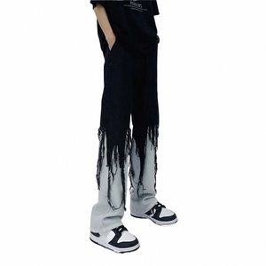 Men Jeans High Street Hip Hop Ctrast Color Tassel Loose fi japońskie streetwear hipis luźne luźne mucha ciemno -odzieży K8rd#