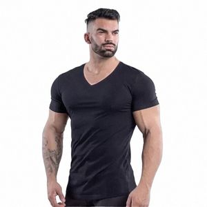 brand Summer Cott T-shirt Men V-neck Fi Design Slim Fit Soild Sports T-shirts Male Tops Tees Short Sleeve T Shirt For Men 277D#