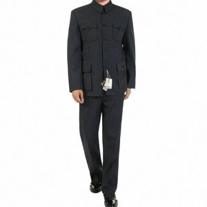 Homem chinês cinza escuro túnica terno conjunto para homens mao terno casaco com calças 2 peça conjunto zhgshan blazer jaqueta e calças twinset p6lr #