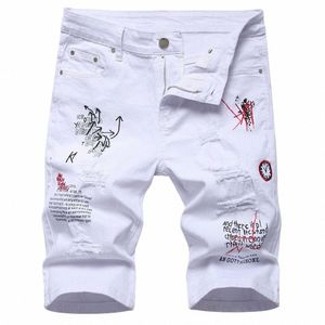 lettere da uomo stampate ricamate pantaloncini di jeans fori estivi jeans strappati pantaloni slim elasticizzati nero bianco E4vz #