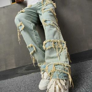 Men's Jeans Mens street clothing front patch loose jeans mens casual straight jeans J240328