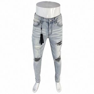 high Street Fi Men Jeans Retro Light Blue Stretch Skinny Fit Ripped Jeans Men Patched Designer Hip Hop Brand Pants Hombre 10O5#