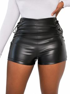 811 # New Sexy Summer and Autumn Stretch Plus Size Tight Black Faux Leather Shorts Casual Shorts Leather Pants for Women j28F#