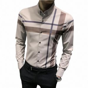 2023 New Men's High Quality Plaid Shirt Stripe Breathable Busin Casual Silk Smooth Skin Shirt Lg Sleeve men clothing v4ka#