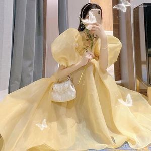 Casual Dresses Sweet Kawaii Dress Women Elegant Fairy Party Midi French Retro Female Yellow Puff Sleeve Cute Korean Summer 2024