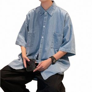 2023 denim kortärmad skjorta herr sommar japansk stil lös och bekväm casual jacka butikskläder enkel stil 78kq#