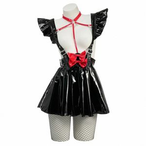 Anime Maid Cosplay Costume Women Sexig svart läder ihålig ut drexig underkläder kanin tjej nattkläder halen party clohtes g1rm#