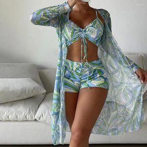 Kvinnors badkläder tryckt Beach Cardigan Bikini Set Sexig blommigt tryck med hög midjeshorts Push Up Tankini för