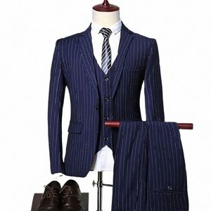 2023 High Quality Men Busin Dinner Blazers Coat Stripe Slim Fit Wedding Male Groom Tuxedos Suit Jacket Pants Vest 3 Pcs Set N3IJ#