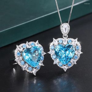 Halskette Ohrringe Set EYIKA Brasilien Erstellt Aquamarin Blau Stein Kristall Zirkon Ozean Herz Ring Anhänger Luxus Hochzeit Schmuck Für Frauen