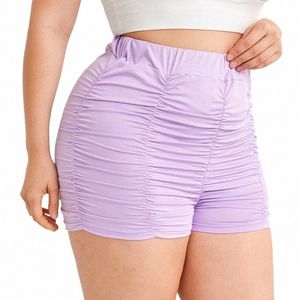 plus storlek elastisk midja sexig sommar avslappnad ruched shorts kvinnor solid lila hög midja mager cyklist shorts kvinnlig stor storlek 6xl 17ug#