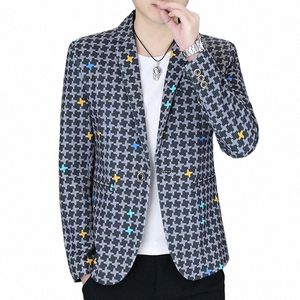 2024 Spring Printed Suit Kurtki Mężczyźni Slim Fit Casual Blazer Masculino Fi Busin Office Social Dr Pleats Men Odzież N6KL#