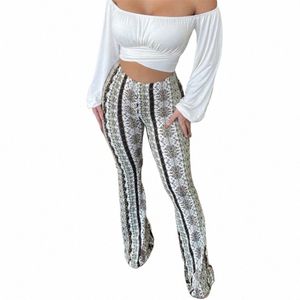 Vintage Boho High midja Flare Pants Women Spring Floral Print Elastic Tight Straight Trousers Streetwear Casual Yoga Joggers U5bu#