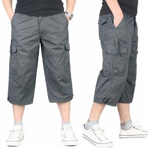 Verão masculino casual cott carga shorts macacão lg comprimento multi bolso calças quentes calças capri militares masculino calças cortadas t6P1 #