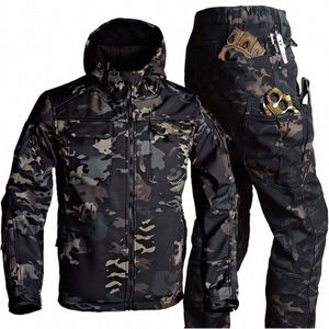 Set tattici invernali da uomo in pile militare con cappuccio caldo giacca + pantaloni cargo dritti multi-tasca 2 pezzi tute mimetiche Set impermeabile 06Xk #