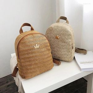 School Bags Straw Women's Backpack Shoulder Crown Decorative Knitted Female