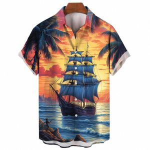 Hawaiian Navigator Sailboat Desen Erkek Gömlek Deniz 3D Baskılı Retro Kısa Kollu Tatil Yeni Gündelik Plaj Y2K Büyük Boy Ceza Z9BT#