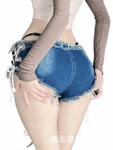 Sexy Frauen Denim Shorts Hot Verführerische Flirten Uniform Lace Up Quaste Hohl Bindung Falten Kurze Sommer Jeans Temptati MUPY p9tk #