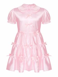 men's Satin Frilly Girly Costumes Sissy Crossdring Lingerie Dr French Maid Pajamas Puff Sleeve Bowknot Ruffle Dr O6hk#