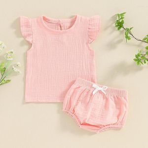 衣類セット幼児の女の赤ちゃん2ピース夏の服コットンリネン衣装ソリッドカラースリーブクルーネックTシャツとショートパンツセット