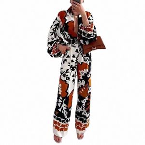 fis Printed Two Piece Set Women 2023 Autumn New Pant Sets Lapel Lg Sleeve Shirts High Waist Wide Leg Pants Suits Casual u4ft#