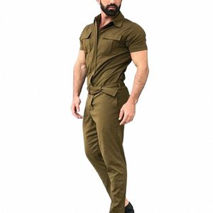 men Jumpsuit With Belt Short Sleeves Turndown Collar Single Breasted Pockets Work Coverall Male Cargo Overalls sudaderas hombres 905s#