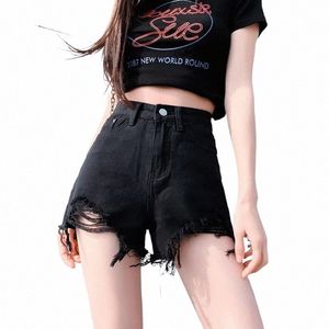 shorts de jeans de verão mulheres coreanas fi ripped buraco de cintura alta jeans curta perna casual perna larga calça curta u2ve#