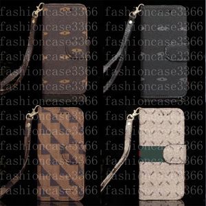 Toppdesignerlädertelefonfodral för iPhone 15 Pro Max 14 13 12 11 XR Fashion Wristband Lanyard Card Holder Pocket Back Cover Luxury Purse Pallet Flip Case