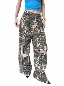 Leopardtryck jeans för kvinnor bred ben hög midja stora hål streetwear lösa baggy koreanska fi denim byxor y2k rippade jeans 61il#