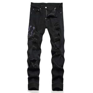 Men's Jeans Mens snake embroidered jeans street clothing black stretch jeans holes tears ultra-thin straight Trousers J240328