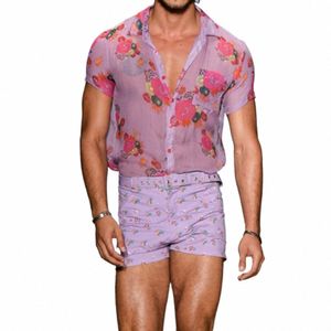 Kwiatowy przezroczysty koronkowy koszulka Mężczyźni 2024 Sexy See Through Dr Mens Dr Scirts Casual Short Rleeve Party na plaży Chemise I4OT#