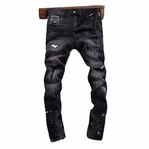 Street Fi Männer Jeans Retro Schwarz Grau Stretch Slim Fit Vintage Zerrissene Jeans Männer Gemalt Designer Hip Hop Denim Hosen hombre 876z #