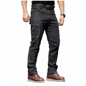 men Tactical Jeans Comfortable Length Pants Multi Pockets Men Stretch Denim Trousers S4bF#