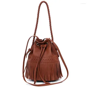 Bag 2024 Bohemia Style PU Vegan Leather Crossbody Bags For Women Brand Hollow Design Tassel Bucket Female Casual Shoulder Handbags