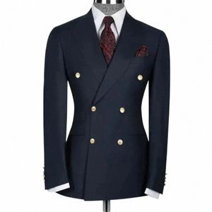 New Navy Blue Men Suits 2 PieceJacket + Calças Fi Double Breasted Masculino Formal Busin Wedding Set x7DG #