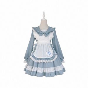 sweet and Cute Lolita Skirt Maid Apr Cosplay Costume Maid Japanese Navy Collar Lg Sleeve Outfit Clothes X7or#