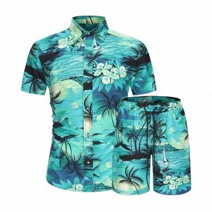 hawaiian 2Pcs Shirts Suit Men Fi 3D leaf Print Shirt+Shorts Fi Two Piece Sets Hawaii Shirts Beach Unisex Clothing 98zb#