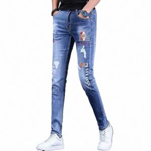 Primavera Outono Azul Bordado Buraco Elegante Rasgado Denim Marca de Luxo Coreano Fi Designer Kpop Novidade Cowboy Calças Estéticas 83Dl #