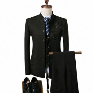 men Suit Coat Vest Pants Fi Chinese Retro Style Wedding Groom Suit Stand Collar Classic Men Dr Blazers Jacket Trousers B0SB#
