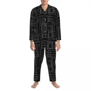 Home Clothing Geo Print Pajamas Men Black And Grey Warm Bedroom Nightwear Spring 2 Pieces Casual Loose Oversized Graphic Suit